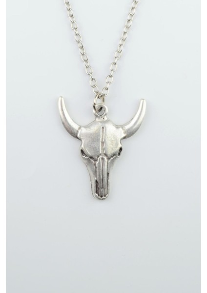 Boğa - Kuru Kafa Gümüş Kaplama Düz Zincir Kolye