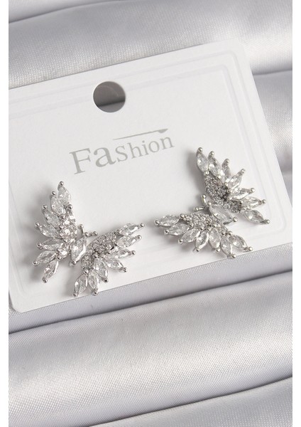 Pirinç Gümüş Renk Zirkon Taşlı Kelebek Model Kadın Küpe - TJ-BKP9908