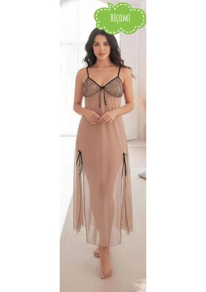 Bicomi Büyük Beden Kahverengi Tül Fantezi Uzun Yırtmaçlı Gecelik