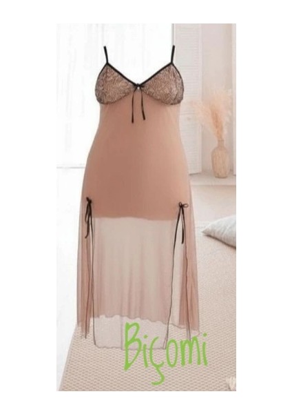 Bicomi Büyük Beden Kahverengi Tül Fantezi Uzun Yırtmaçlı Gecelik fiyatları