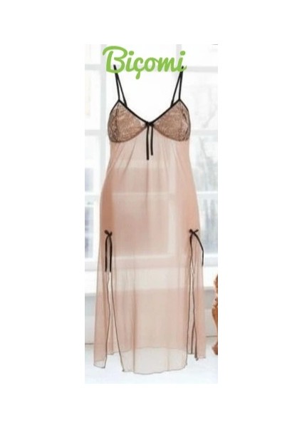 Bicomi Büyük Beden Kahverengi Tül Fantezi Uzun Yırtmaçlı Gecelik modelleri