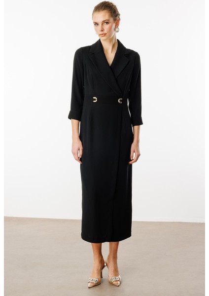 Moda Ilgi Kadın Beli Aksesuarlı Cepli Kruvaze Elbise 6626 Siyah