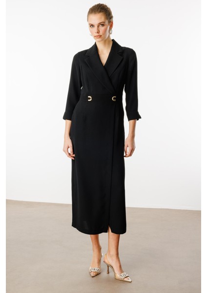 Moda Ilgi Kadın Beli Aksesuarlı Cepli Kruvaze Elbise 6626 Siyah modelleri