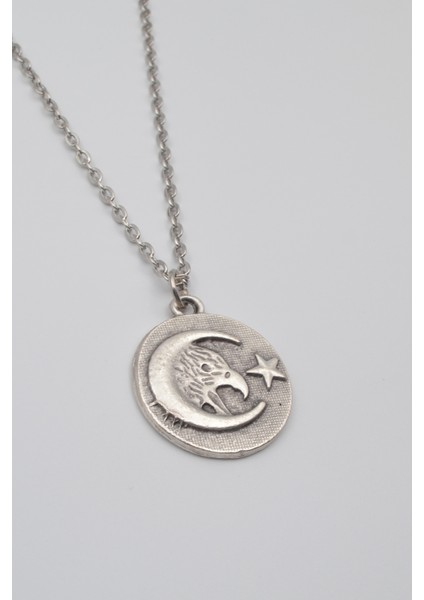 Ay Yıldız Kartal Figürlü Kolye - Düz Ezme Ithal Zincirli Unisex Gümüş Kaplama - 60 cm fiyatları