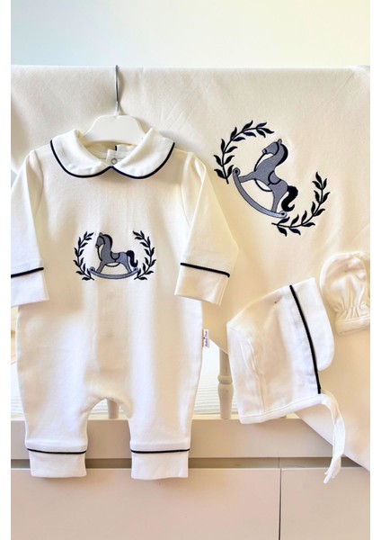 Oyuncak At Nakışlı 6'lı Lacivert Yenidoğan Set %100 Pamuk Tulum Battaniye Puset Örtü Yastık Eldiven modelleri