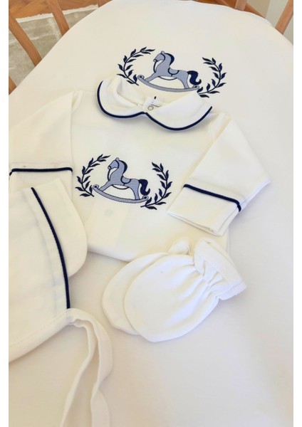 Oyuncak At Nakışlı 6'lı Lacivert Yenidoğan Set %100 Pamuk Tulum Battaniye Puset Örtü Yastık Eldiven fırsatları