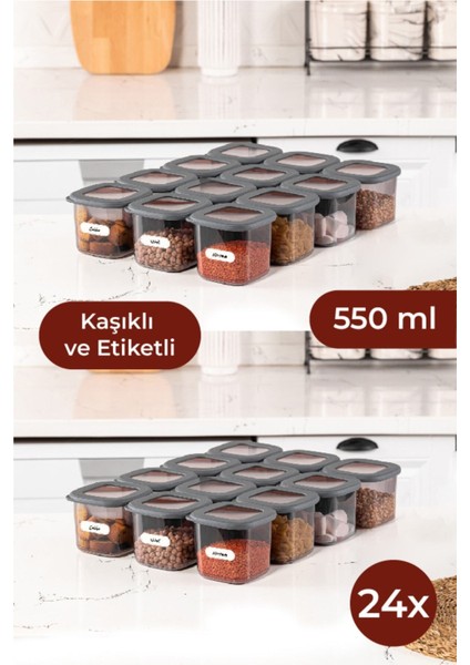 Etiketli Kaşıklı Foly Kare Erzak Saklama Kabı Seti 24LÜ 0,55 Küçük Boy Antrasit
