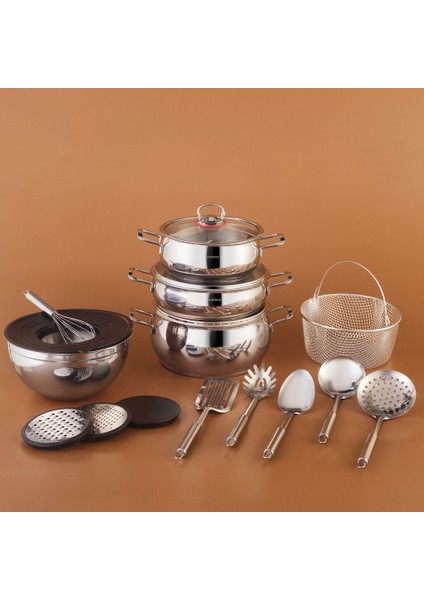 Karıştır-Pişir-Sakla 18 Parça Servis Gereçli Çelik Tencere Seti