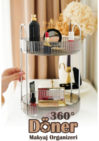 2 Katlı Döner Makyaj Takı Organizeri Şeffaf-Antrasit