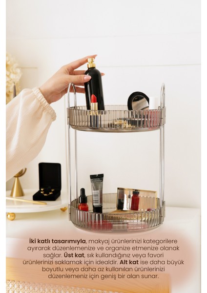 2 Katlı Döner Makyaj Takı Organizeri Şeffaf-Antrasit indirimleri