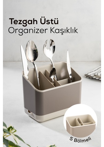Tezgah Üstü Kaşık Düzenleyici 5 Bölmeli Organizer Kaşıklık Bej