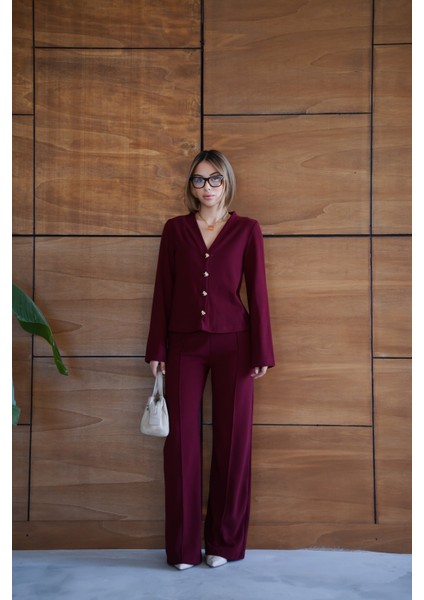 Selanik Kumaş Geniş Paça Düğmeli Ceketli Kadın Takım