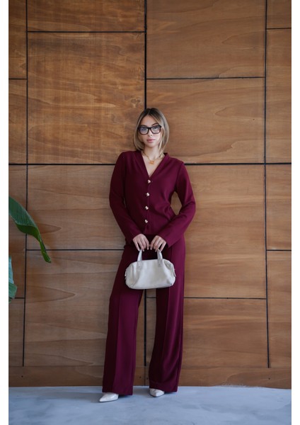 Selanik Kumaş Geniş Paça Düğmeli Ceketli Kadın Takım fiyatları