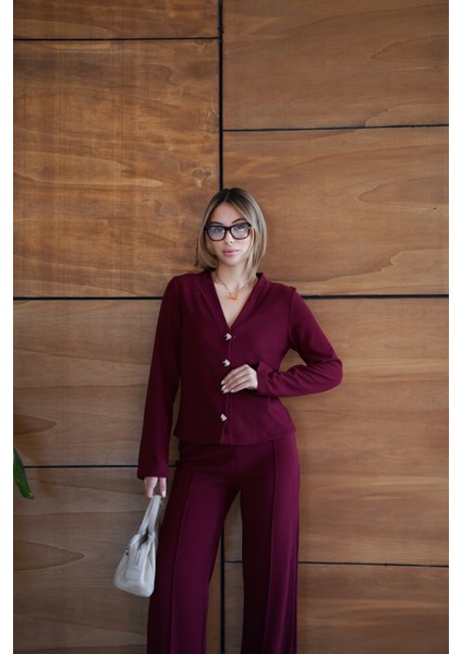 Selanik Kumaş Geniş Paça Düğmeli Ceketli Kadın Takım modelleri