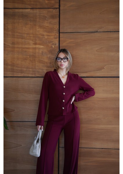 Selanik Kumaş Geniş Paça Düğmeli Ceketli Kadın Takım fırsatları