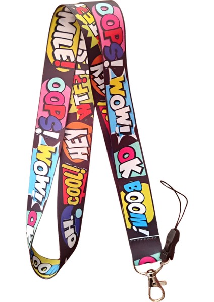 Çizgi Film Yazı 2 Desenli Boyun Askı Ipi ve Telefon Askısı + Kartlık