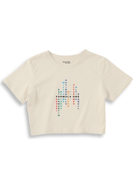 Formula 1 Teams Crop Tişört - Ekru