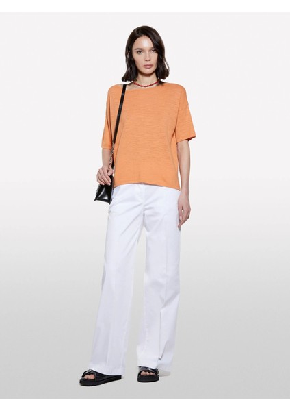 Keten Karışımlı Bisiklet Yaka Oversize T-Shirt Kadın Turuncu T-Shirt - 325P105GM106H