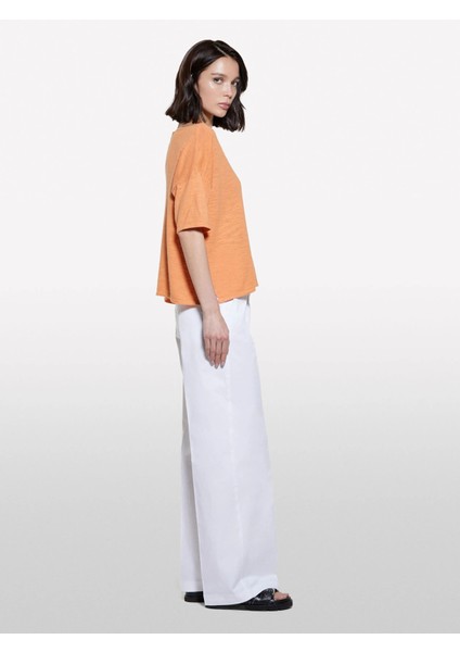 Keten Karışımlı Bisiklet Yaka Oversize T-Shirt Kadın Turuncu T-Shirt - 325P105GM106H fiyatları