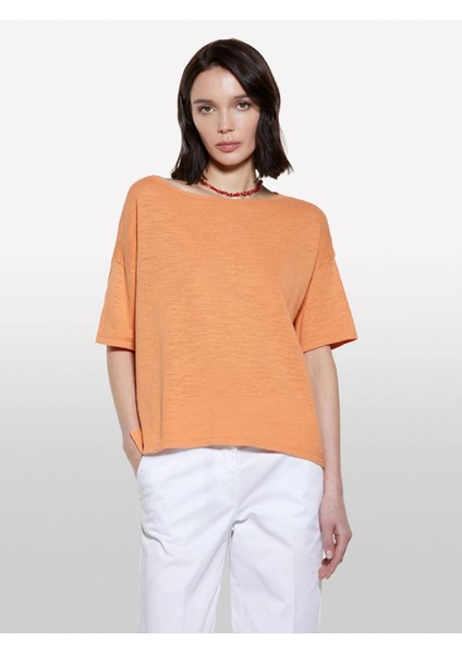 Keten Karışımlı Bisiklet Yaka Oversize T-Shirt Kadın Turuncu T-Shirt - 325P105GM106H fırsatları