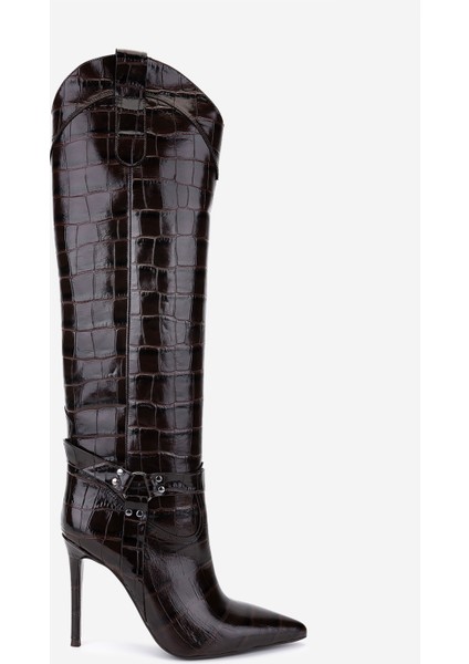 Kadın Hakiki Deri Kahverengi Kroko Topuklu Çizme 1096 9297 Bn Czm SK25-26 Kahve Kroko