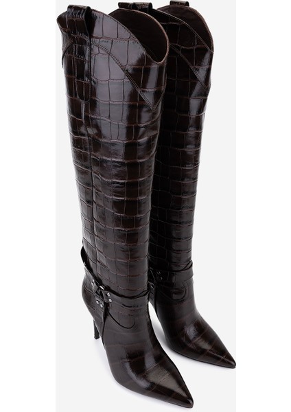 Kadın Hakiki Deri Kahverengi Kroko Topuklu Çizme 1096 9297 Bn Czm SK25-26 Kahve Kroko fiyatları