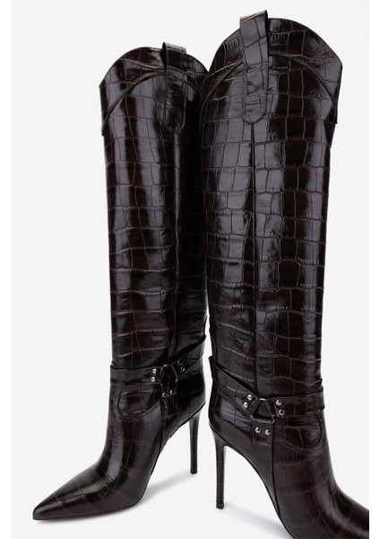 Kadın Hakiki Deri Kahverengi Kroko Topuklu Çizme 1096 9297 Bn Czm SK25-26 Kahve Kroko fırsatları