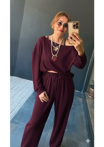 Kadın Uzun Kollu Tek Omuzdan Açık Viskon Iki Iplik Bluz ve Pantolon Ikili Takım