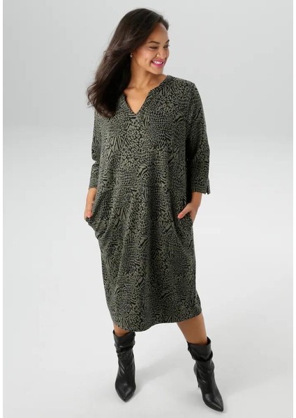 Kadın Büyük Beden Haki, Yan Cepli, Truvakar Kol, V Yaka Ankor Kalın Elbise 65N39112