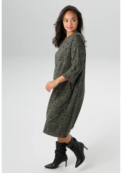 Kadın Büyük Beden Haki, Yan Cepli, Truvakar Kol, V Yaka Ankor Kalın Elbise 65N39112 fiyatları