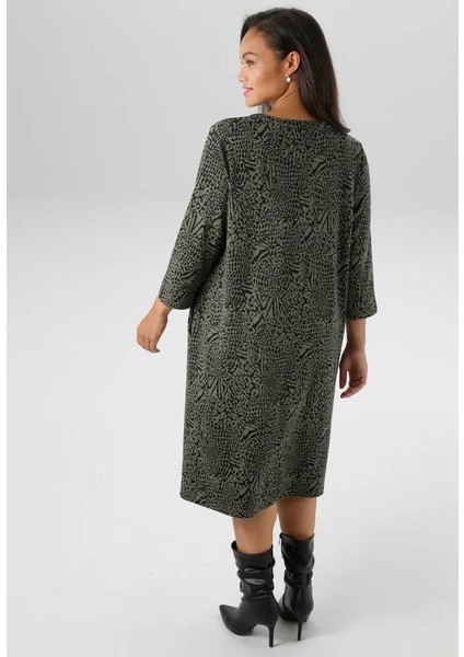 Kadın Büyük Beden Haki, Yan Cepli, Truvakar Kol, V Yaka Ankor Kalın Elbise 65N39112 modelleri