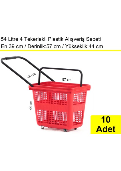 Tekerlekli Plastik Market Alışveriş El Sepeti 54 Litre Kırmızı 10 Adet
