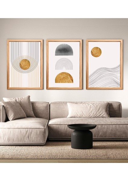 Altın Denge Soyut Çerçeve Görünümlü 3' Lü Set Mdf Tablo