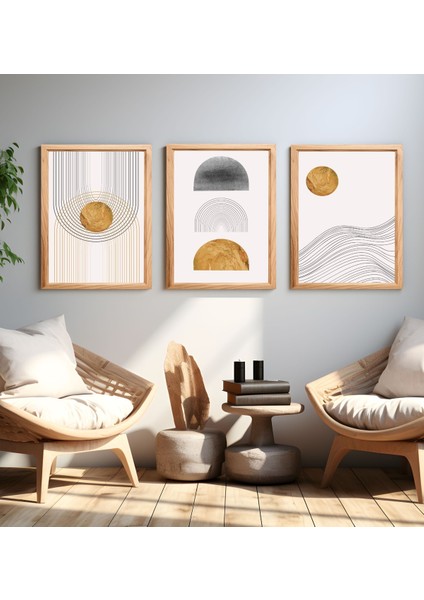 Altın Denge Soyut Çerçeve Görünümlü 3' Lü Set Mdf Tablo modelleri