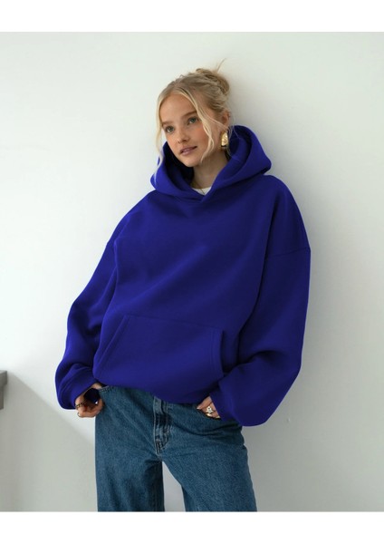 Kadın Rahat Oversize 3 Iplik Pamuklu Şardonlu Kanguru Cep Kapşonlu Sweatshirt