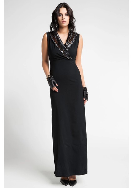 Kadın Siyah Pul Payet Detaylı Abiye Elbise 16L5068