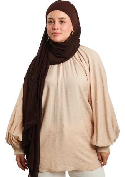 Kahve Pratik Hazır Geçmeli Bone Şal Şifon Düz 2506_14
