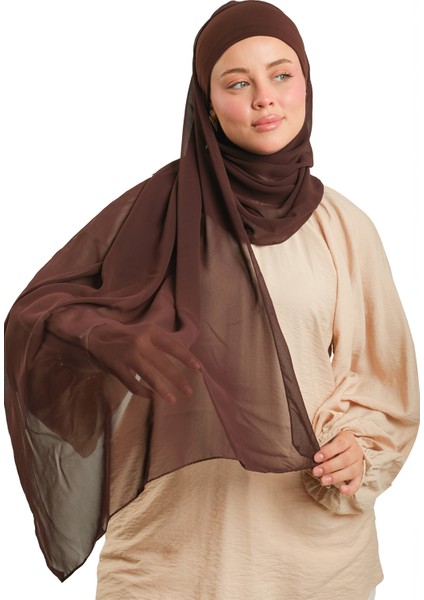 Kahve Pratik Hazır Geçmeli Bone Şal Şifon Düz 2506_14 modelleri