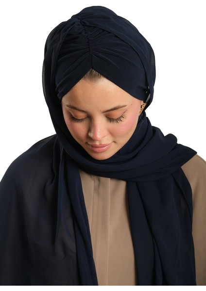 Lacivert Pratik Hazır Geçmeli Bone Şal Şifon Drapeli 2507_02 modelleri