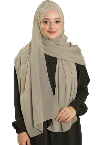 Bej Pratik Hazır Geçmeli Bone Şal Şifon Drapeli 2507_12