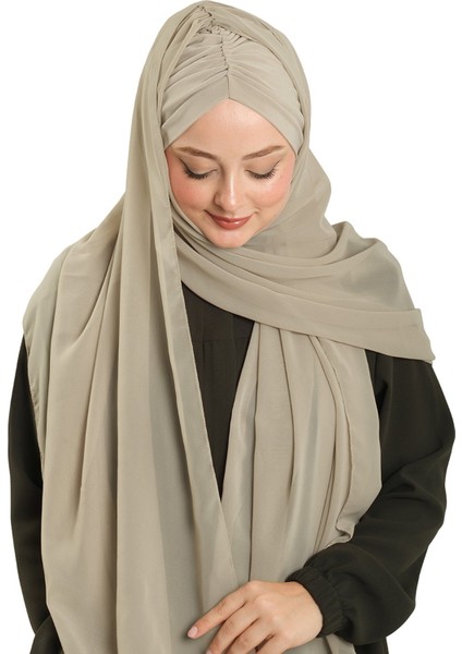 Bej Pratik Hazır Geçmeli Bone Şal Şifon Drapeli 2507_12 modelleri