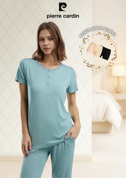 Kadın Kısa Kol Viskon Pijama Takımı (Modal Şort Hediye)