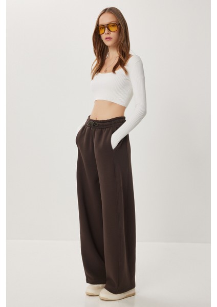 Nervürlü Şardonlu Örme Eşofman Altı LUB0289 Kahverengi