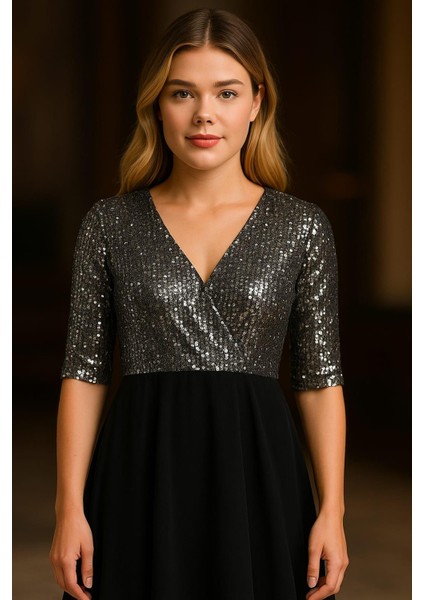 Kadın Büyük Beden Gümüş-Siyah, Pul Payet Detaylı, Anvelop Yaka Abiye Elbise 65N39202 modelleri