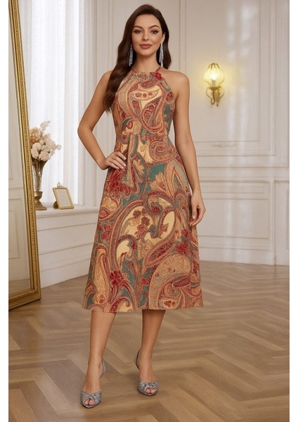 Kadın Kolsuz Boyundan Bağlamalı Beli Lastikli Etnik Desen Baskı Süprem Uzun Elbise