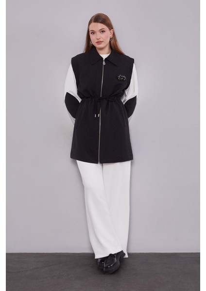 Siyah Kendinden Desenli Yelekli Üçlü Takım