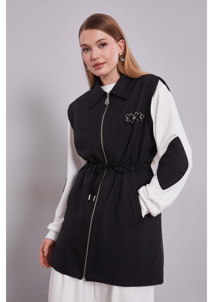 Siyah Kendinden Desenli Yelekli Üçlü Takım fırsatları