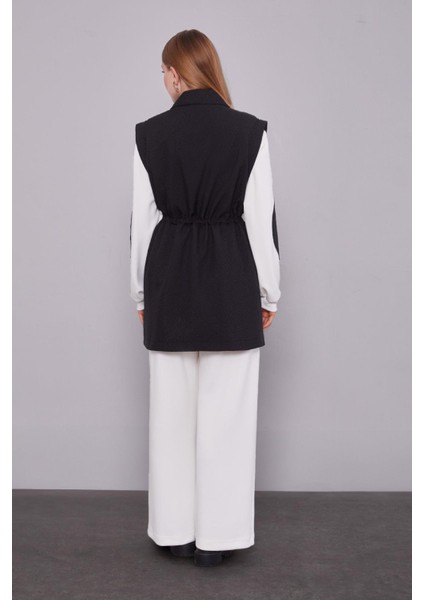 Siyah Kendinden Desenli Yelekli Üçlü Takım