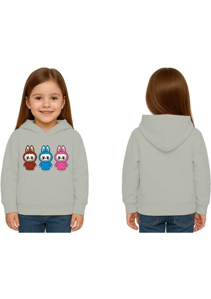 Unisex Baskılı Çocuk Swaetshirt Labubu Baskılı Kapüşonlu 3 Iplik Şardonlu
