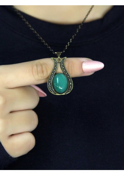 Doğal Taş Yeşil Akik Doğal Taşlı Lale Modelli Antik Kadın Kolye EUK44YA